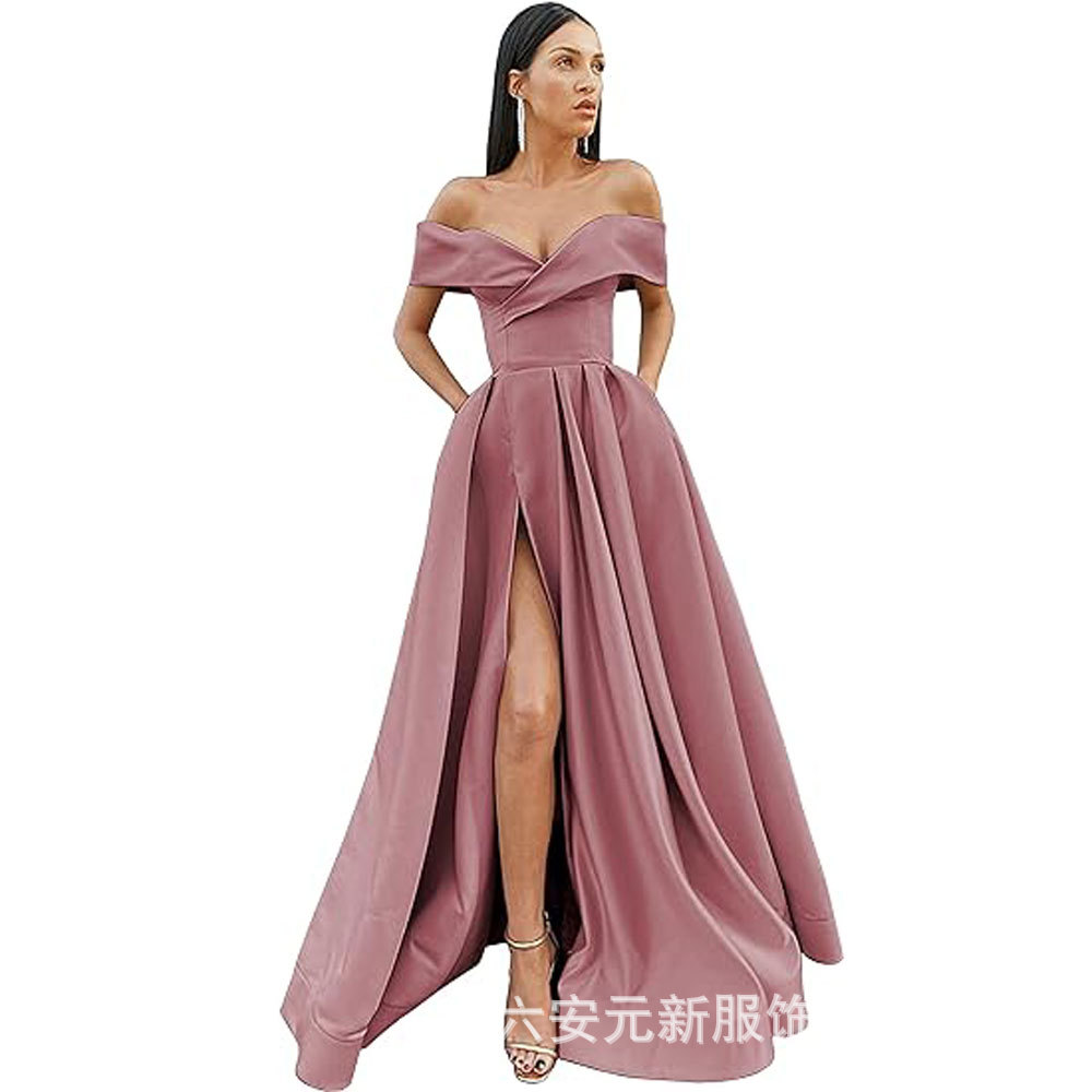 Amazon Comercio exterior fuera del hombro prom vestido de noche largo split sexy Fiesta de las mujeres vestido de banquete