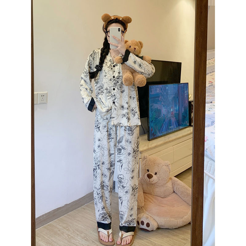 睡衣女春秋款仿棉开衫长袖女款pajamas韩式清纯ins简约高级感家居