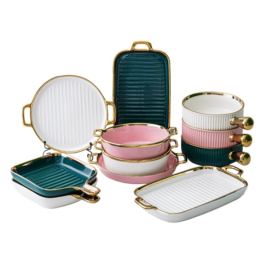 Nórdico creativo oro borde tazón placa vajilla combinación traje ins estilo desayuno de cerámica ensalada fruta postre bandeja