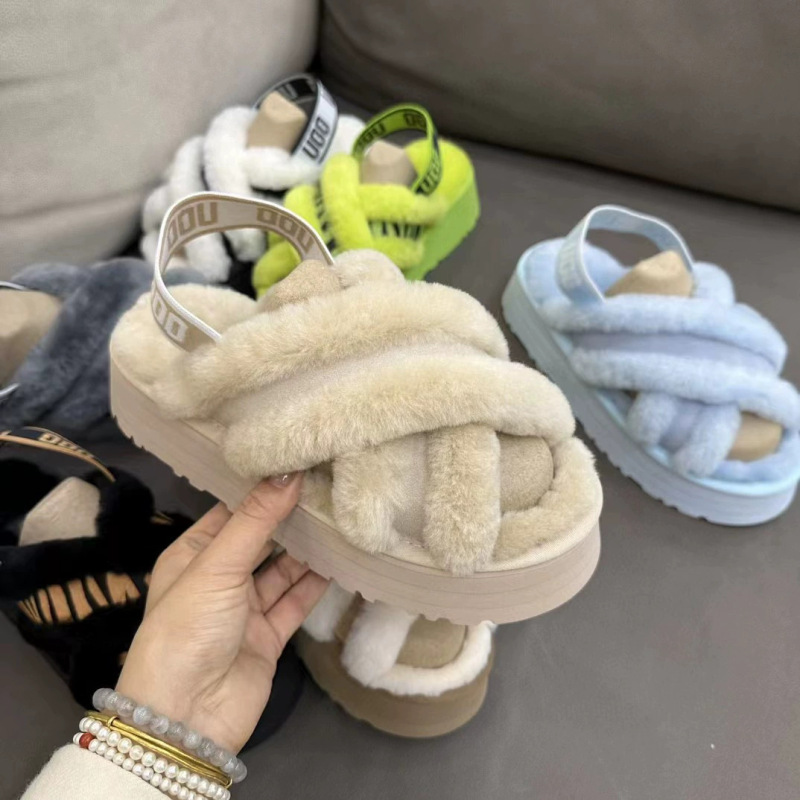 桑坡羊皮毛一体厚底交叉羊毛拖鞋松紧带增高保暖外穿毛毛拖鞋雪地|undefined