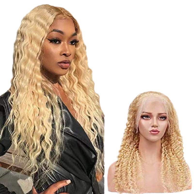 Amazon transfronterizo Europa y América pelucas damas africanas pequeñas pelucas de cabello rizado largo medio tejido de mano frente pelucas de encaje fibra química cubierta de cabeza