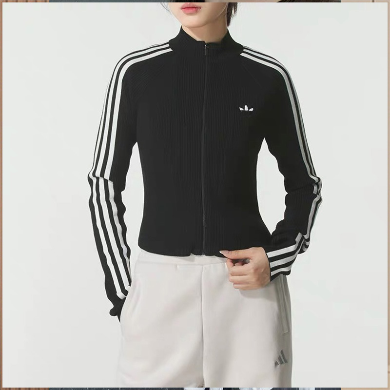 2026 New Model Women's Fashion Slim Fit Cardigan Sweatshirt with Three-Leaf Embroidery, Spring and Autumn Knit Jacket with Three Stripes