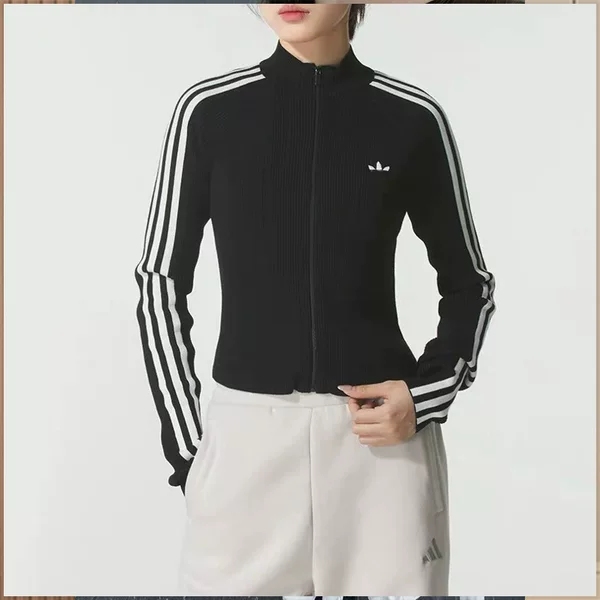 2026 New Model Women's Fashion Slim Fit Cardigan Sweatshirt with Three-Leaf Embroidery, Spring and Autumn Knit Jacket with Three Stripes