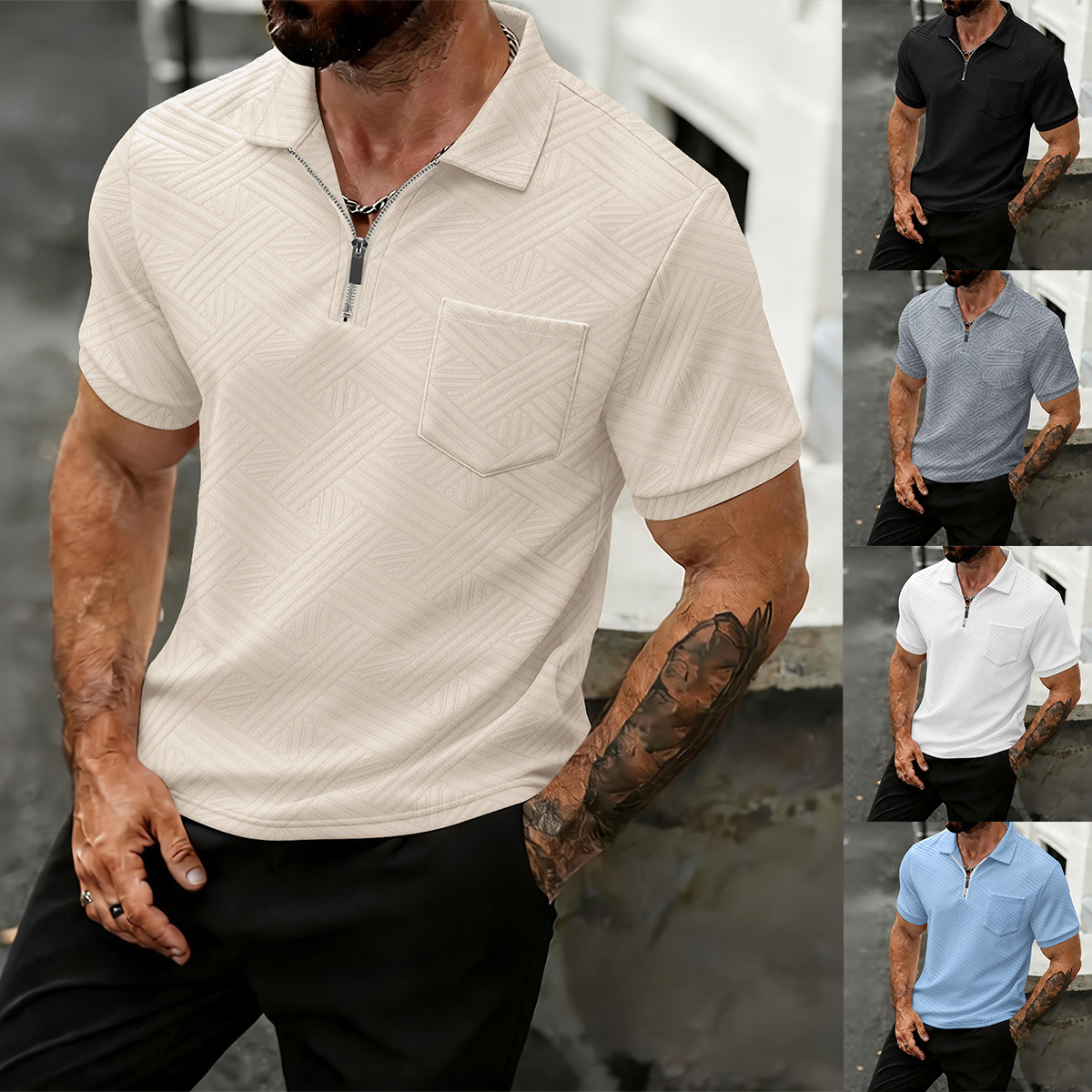 Polo da uomo in stile americano, vestibilità comoda e casual, con colletto rovesciato, tasche con cerniera, maglietta in jacquard traspirante, primavera autunno estate_voghion.com