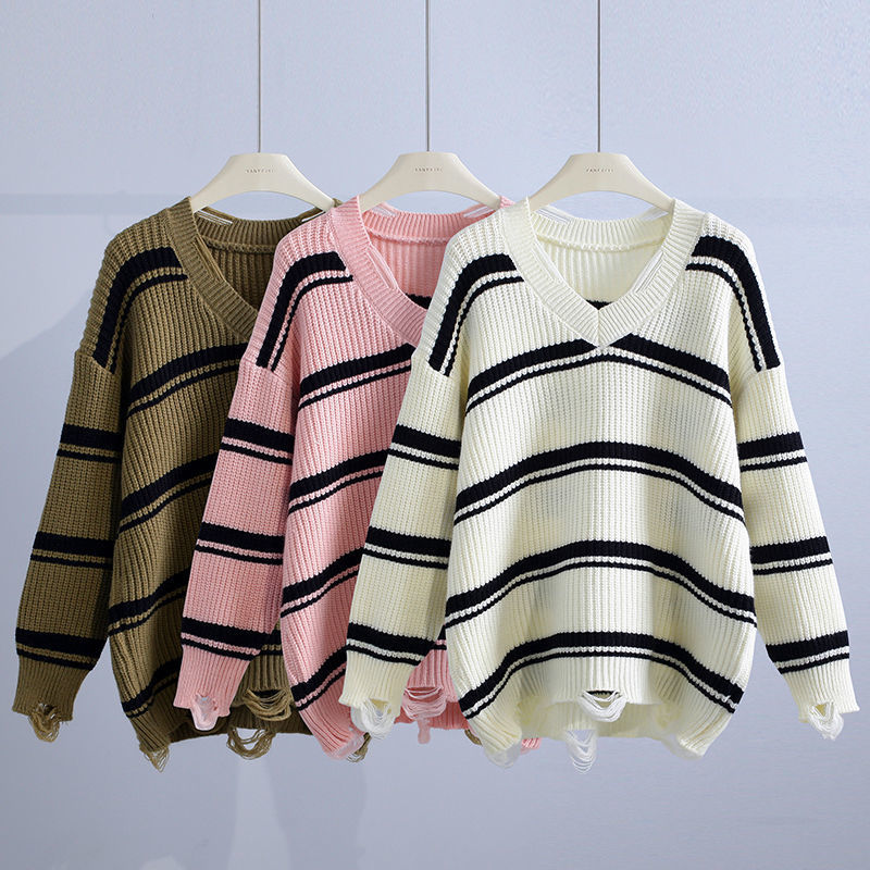 Mid-length collar pullover sweater for women 2025 autumn and winter new retro loose outside wear lazy style striped knitted sweater