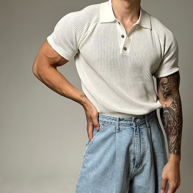 Verano nuevo estilo suéter de manga corta hombre panal hueco camisa POLO cuello de camisa camiseta de negocios comercio exterior transfronterizo al por mayor