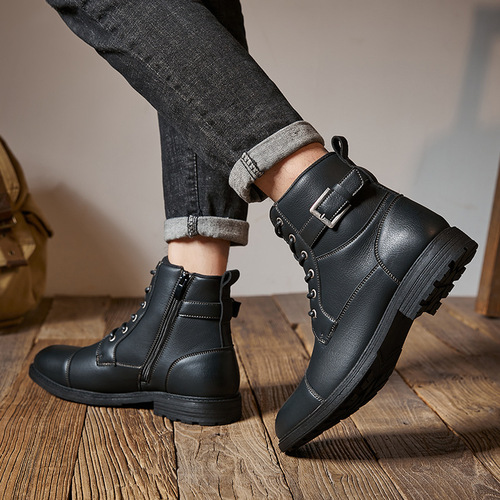 Autumn/Winter Work Boots, British Men's Martin Boots, Non-slip Retro Laced High-top Round Toe Boots with Side Zip
