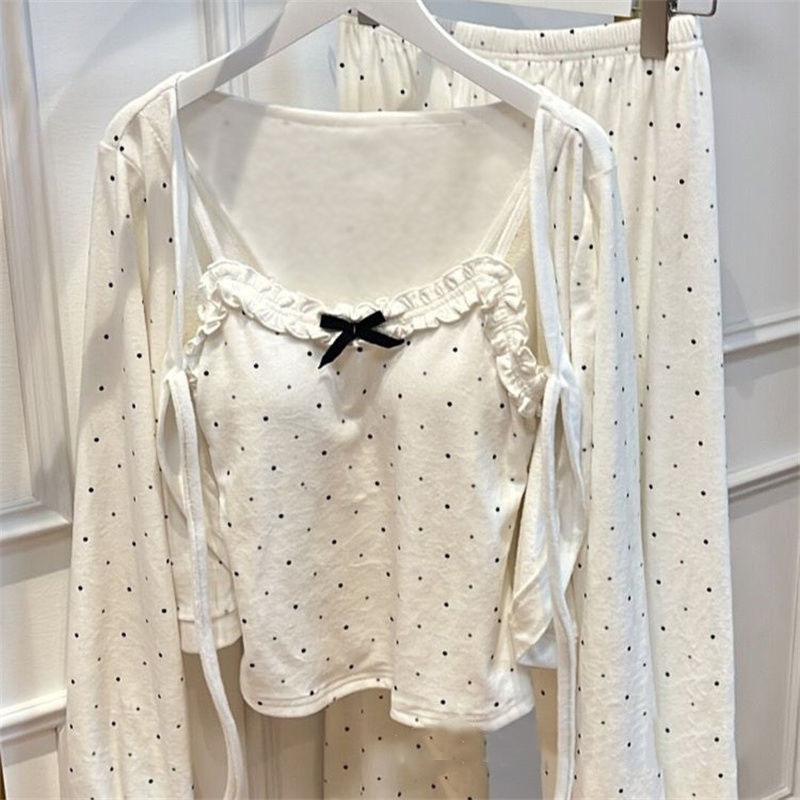 水玉サスペンダー3点セット女性用夏薄手和風インシンプルホーム服セット学生も着用可能|undefined