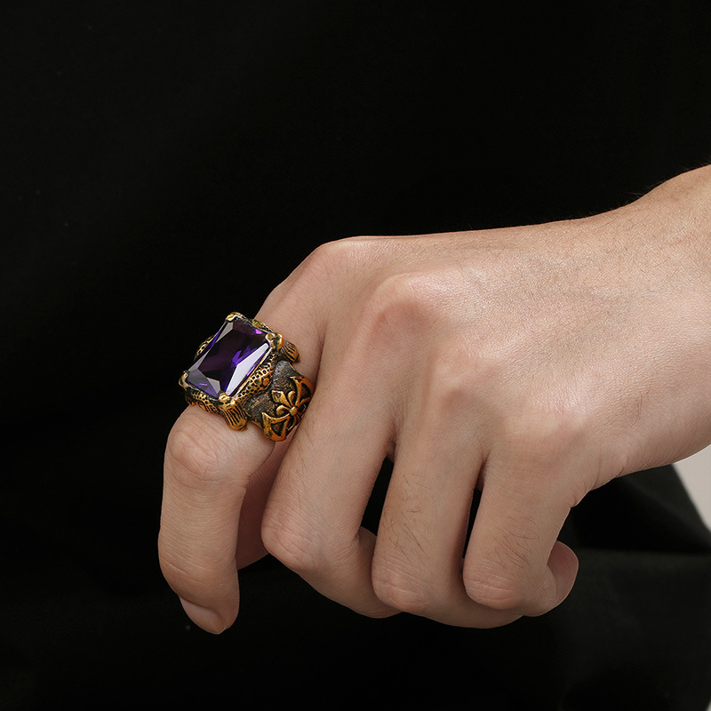 Carousel New Colorless Hand Jewelry, European and American Vintage Punk Gothic Ruby Men's Titanium Steel Cast Ring_voghion.com