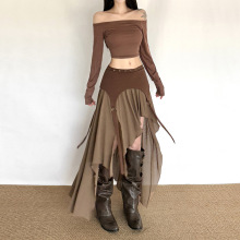 亚马逊2025秋冬季新款女装复古辣妹开叉不规则设计高腰修身半身裙