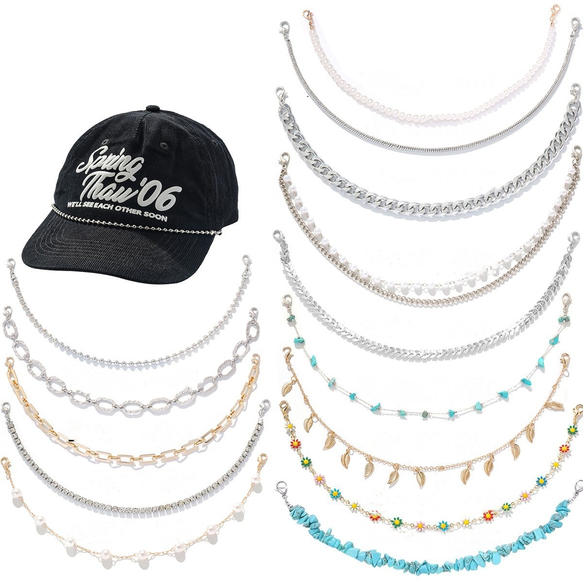 European and American Cross-Border Jewelry, Fashionable and Personalized Pearl and Rhinestone Chain, Hat Chain, Versatile Hat Accessories, Same Style for Men and Women