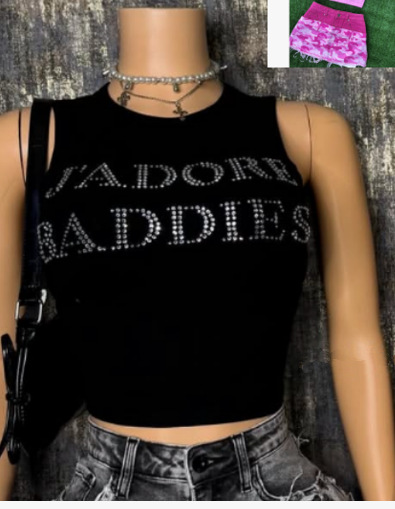 J'ADORE BADDIES Sleeveless Tank Top With Rhinestone Lettering, Fitted, Cropped, Short Style A Chic Look For Women._ecoleips.com