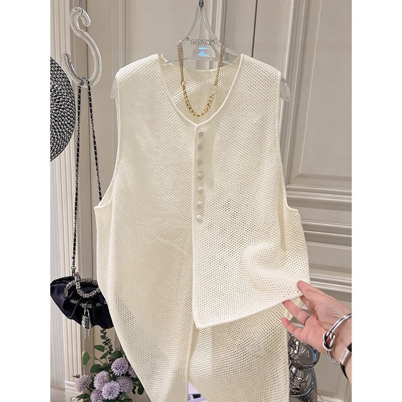 Summer Fashion Thin Irregular Knitted Sweater Vest Women's French Style Design Hollow Loose Outer Wear Top
