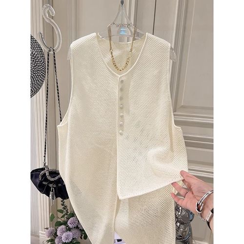 Summer Fashion Thin Knit Cardigan Vest Top for Women, Unstructured French Design Sensibility with Lattice, Loose Outerwear