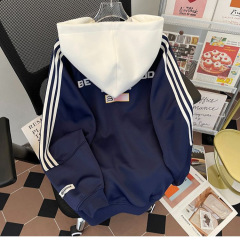 レトロなつなぎ合わせの3本のバーと帽子の衛衣の男女の新型の2024春秋のファスナーの野球服のカーディガンのジャケットのコート