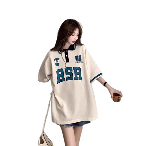 2025 American Street Style Polo Shirt Short-Sleeve T-Shirt for Women Summer Loose Trendy Instagram Original Style Hong Kong Flavor Half-Sleeve Ultra Hot Top