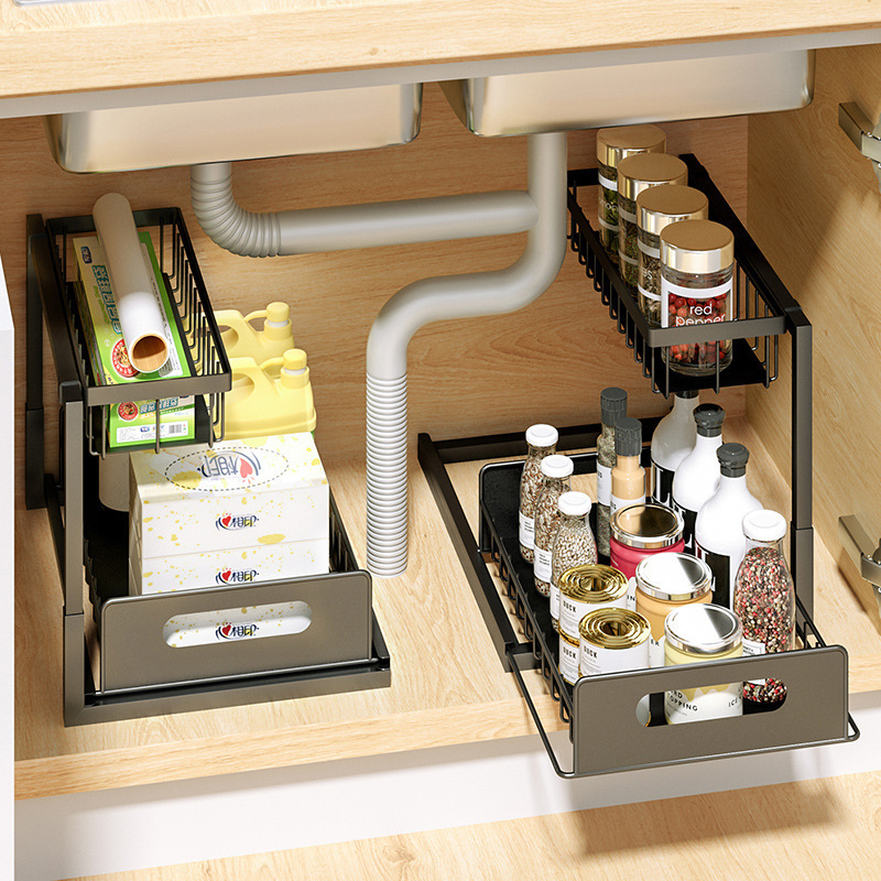 Cross-border Amazon kitchen under-sink storage rack, pull-out seasoning organizer, layered pull-out basket, bathroom drawer Cross-border Amazon kitchen under-sink storage rack, pull-out seasoning organizer, layered pull-out basket, bathroom drawer