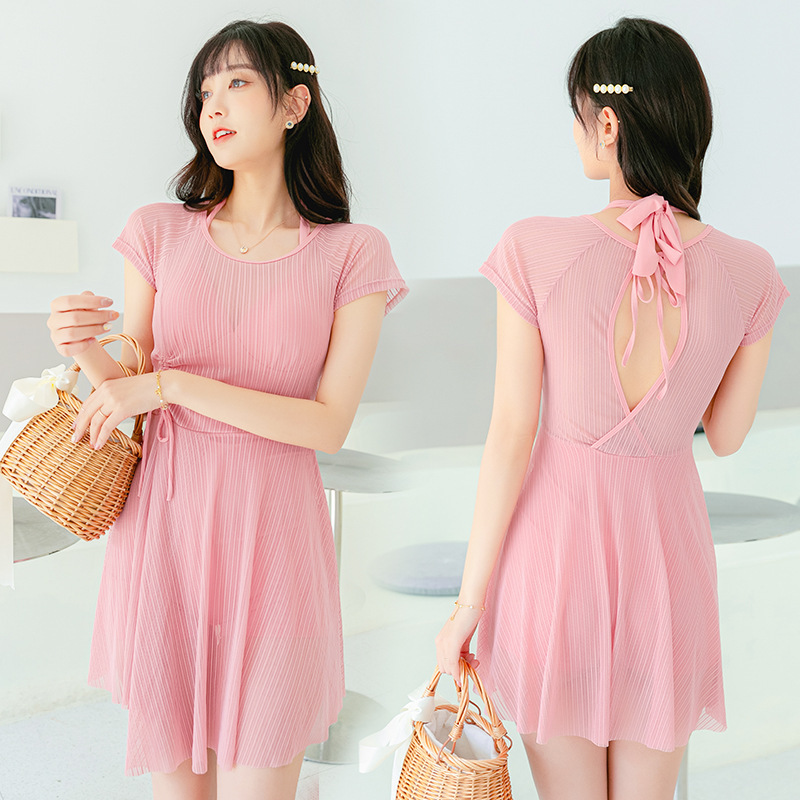 Boxer traje de baño de una pieza de estilo coreano de las mujeres falda conservadora de moda que adelgaza el traje de baño que cubre el vientre traje de baño de playa de aguas termales