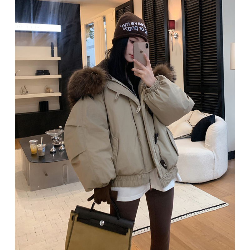 牛角扣大毛领羽绒棉服连帽女2025新款小个子加厚短款工装派克服|undefined
