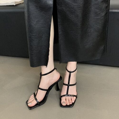All-matching square head with belt and fine heel light luxury high heels for women 2025 summer new style French elegant open-toed sandals for women