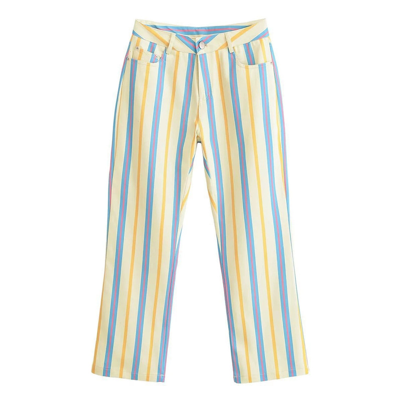 New foreign trade cross-border women's fashion: simple and stylish colorful striped cropped straight-leg low-waist multi-pocket casual jeans New foreign trade cross-border women's fashion: simple and stylish colorful striped cropped straight-leg low-waist multi-pocket casual jeans