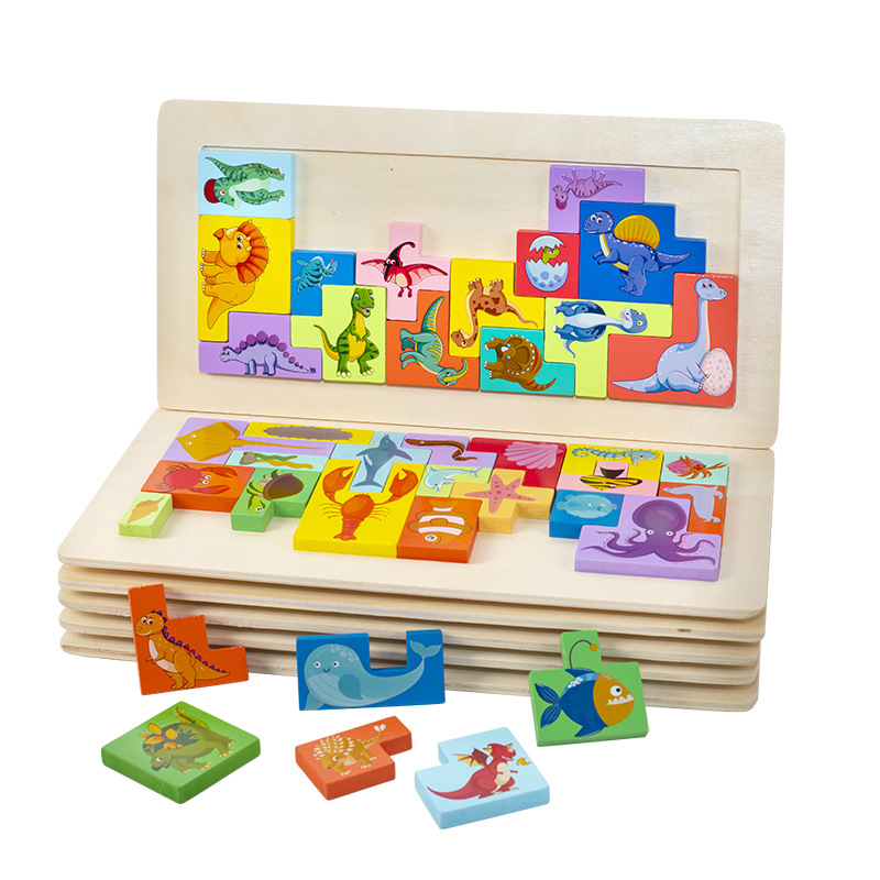 Tetris niños educativos de educación temprana 3-6 años rompecabezas juguetes de madera Rompecabezas de bloques de construcción de pensamiento tridimensional de dibujos animados