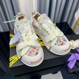 明星同款彩虹点点开头笑大头乞丐鞋女厚底时尚百搭丝带低帮帆布鞋