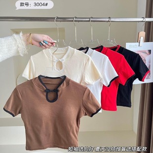 LL Pure Desire National Fashion Chinese Style Vintage Plate Button Short Sleeve T-shirt with Chest Pad Base Shirt with Chic Button Round Neck