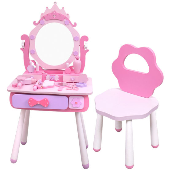 Wooden simulation girl jewelry makeup table play house toys pink princess dressing table children interactive toys