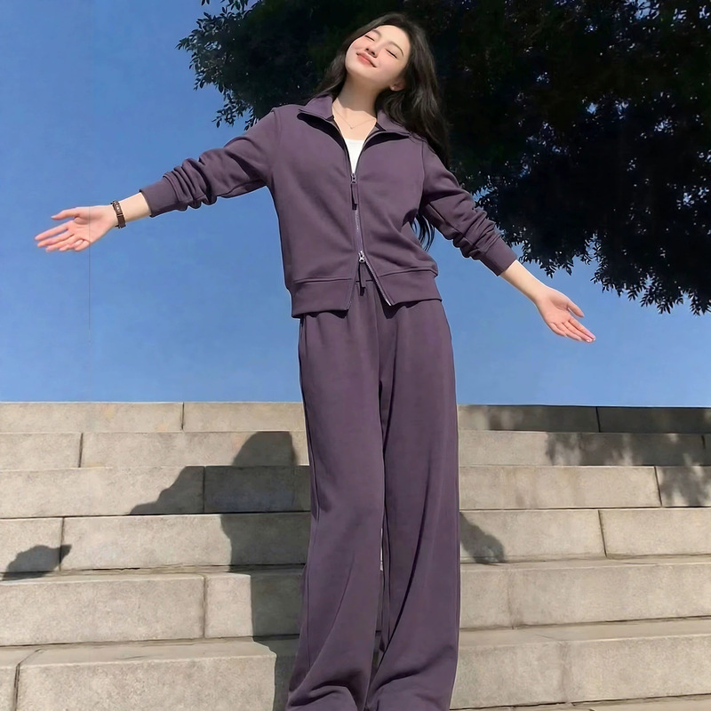 Elegant and stylish casual sports suit for women, autumn and winter, fashionable short purple jacket with wide-leg pants two-piece set