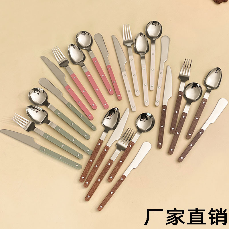 Stainless Steel Knife, Fork, and Spoon Western Cutlery Set with Rivet Faux Wood Grain Handle Steak Knife and Fork Butter Knife High Aesthetic Appeal