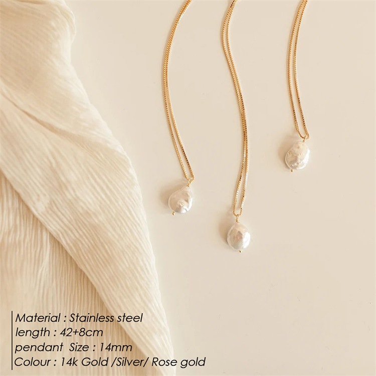 9g Weight 0.05µm-0.08µm Gold Plating Thickness PVD Coated Gold Plating Process 14K Gold Plated Plating Material Women'S Stainless Steel Freshwater Pearl 14K Gold Box Chain PVD Coated Plated Rose Solid Color Pendant Necklace Imitation Jewelry
