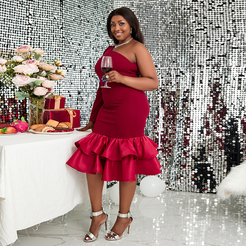 Women's Clothing Plus size women's clothing S 4XL one shoulder sexy dress ruffled one step skirt cocktail party banquet slim light dress_voghion.com