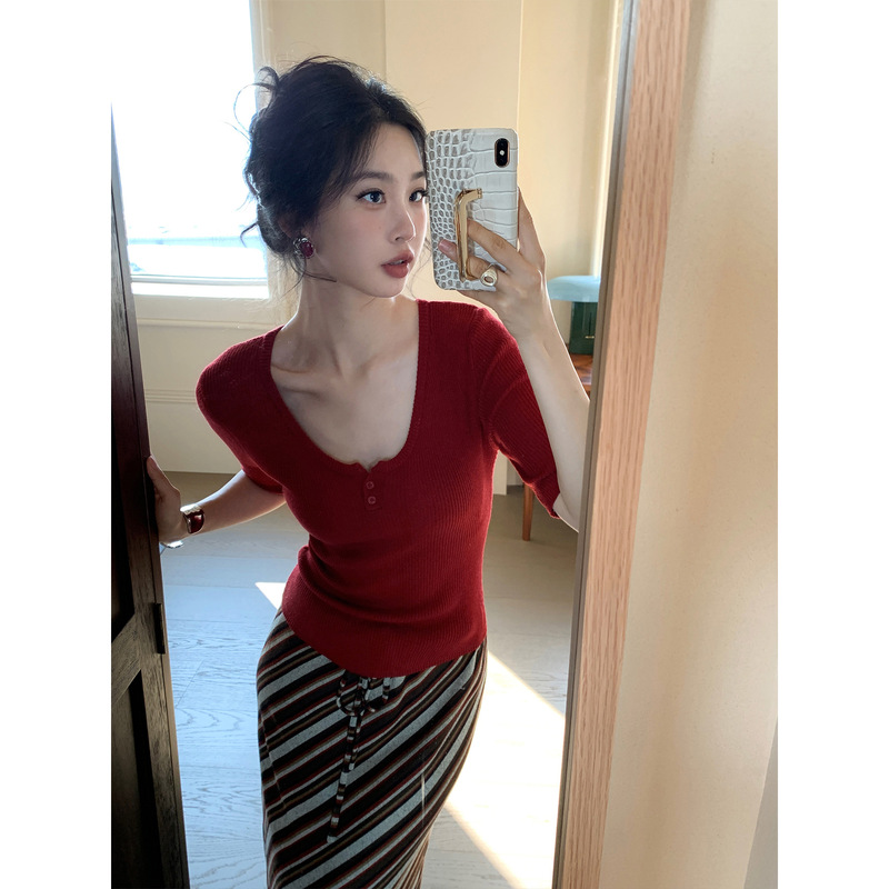 【简弧】SYT自制 通勤显瘦u型领中袖针织衫女秋新款修身弹力上衣|undefined
