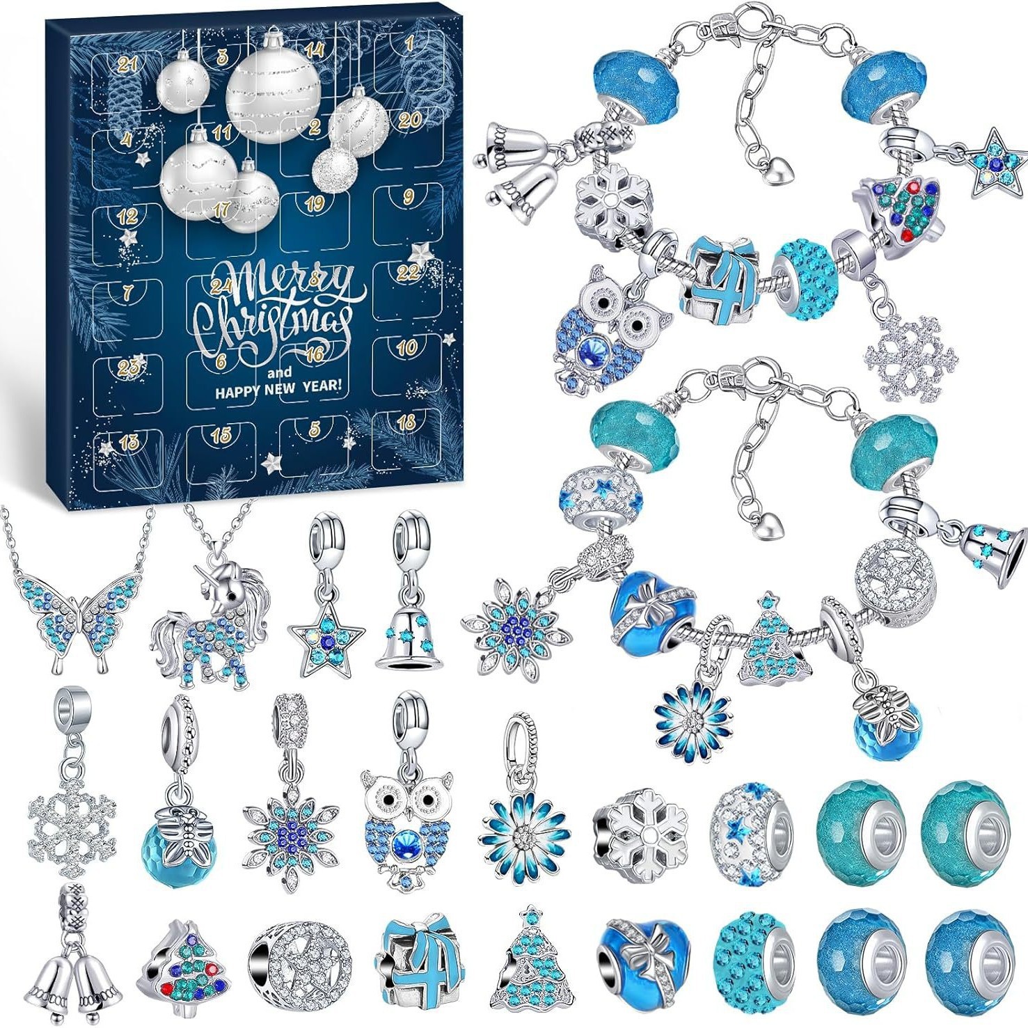 Cross-Border Popular Item: Blue Snowflake Christmas Countdown 24-Grid Calendar Blind Box European and American Girls' Holiday Jewelry Set