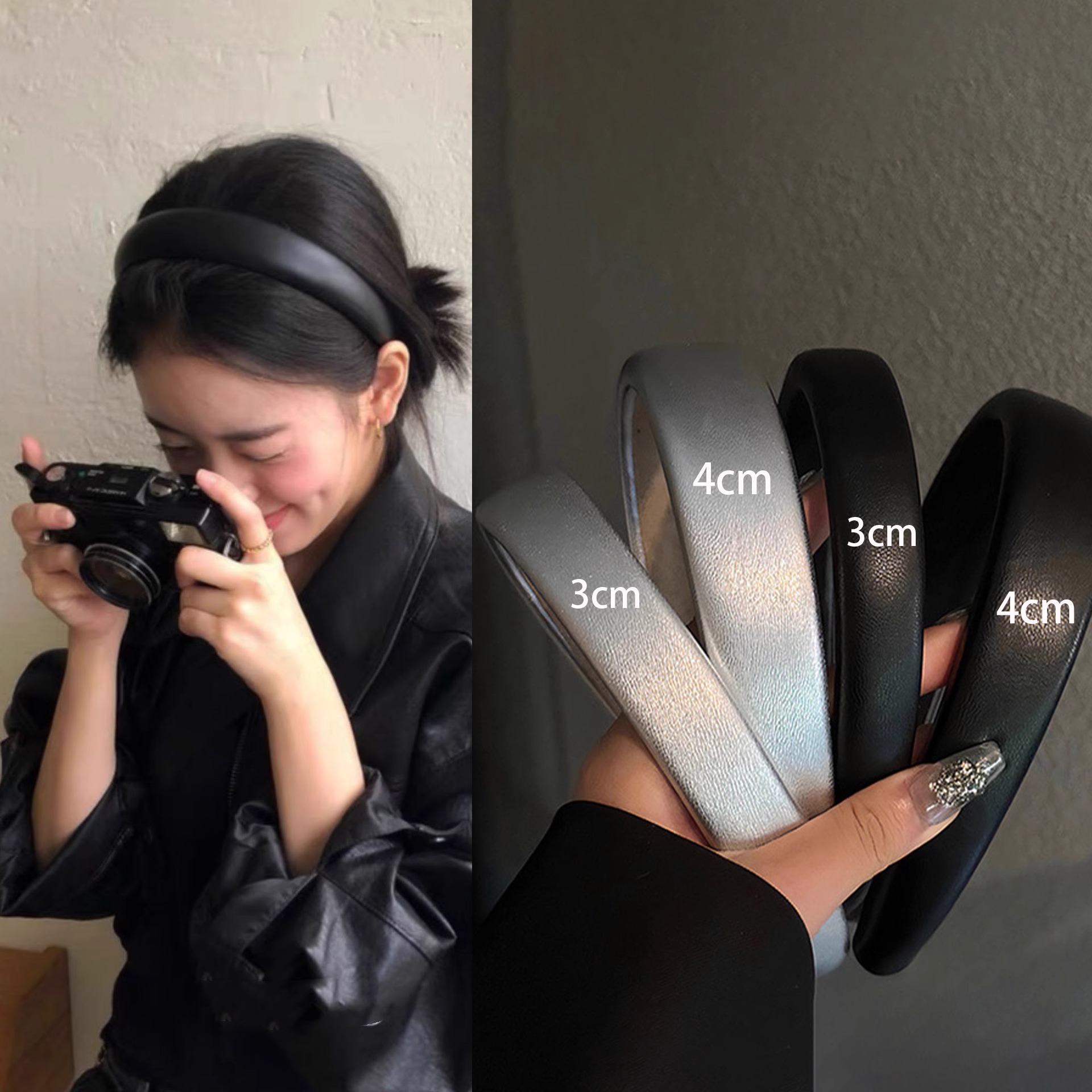 Vòng tóc dày bằng da pu màu đen thuần khiết cùng phong cách của blogger Hàn Quốc với đầu lâu cao và băng đô nhỏ, mũ đội đầu đa năng