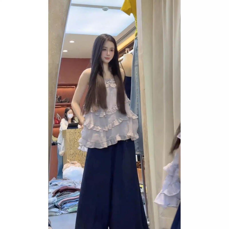 小柄な方向けの女性服一式 2025年夏新作 ニッチファッション レースサスペンダー ワイドパンツ 2点セット|undefined