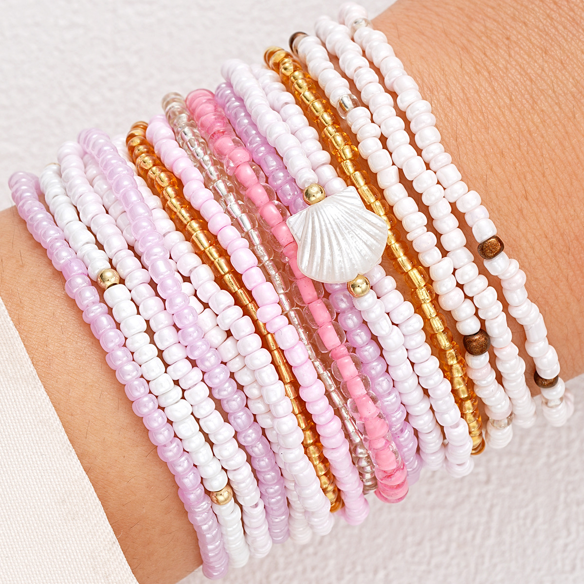 new hand-woven Bohemian style color beaded multi-layer rice beads shell bracelet 17-piece set_voghion.com