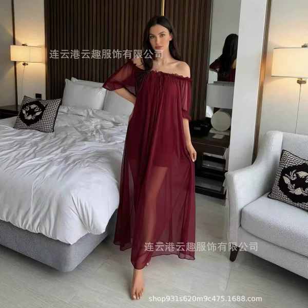 2026 European and American New Style Elegant and Charming Transparent Mesh Shoulder Ruffle Long Sexy Nightgown for Women