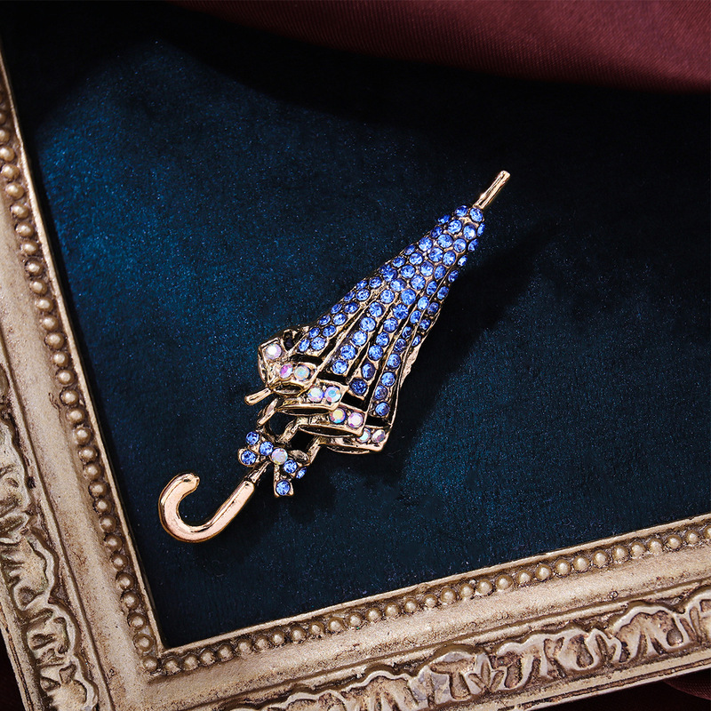 Blue Cross-border Retro Diamond-encrusted Exquisite Umbrella Brooch Women's Niche High-end Sense Pin Diy High-end Suit Corsage Blue Cross-border Retro Diamond-encrusted Exquisite Umbrella Brooch Women's Niche High-end Sense Pin Diy High-end Suit Corsage