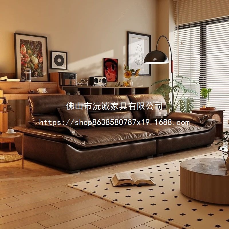 Retro Cat-Scratch Oil Wax Leather Sofa, Living Room Style Sofa, Antique Style, Old Straight-Line Cat-Scratch Leather American Sofa