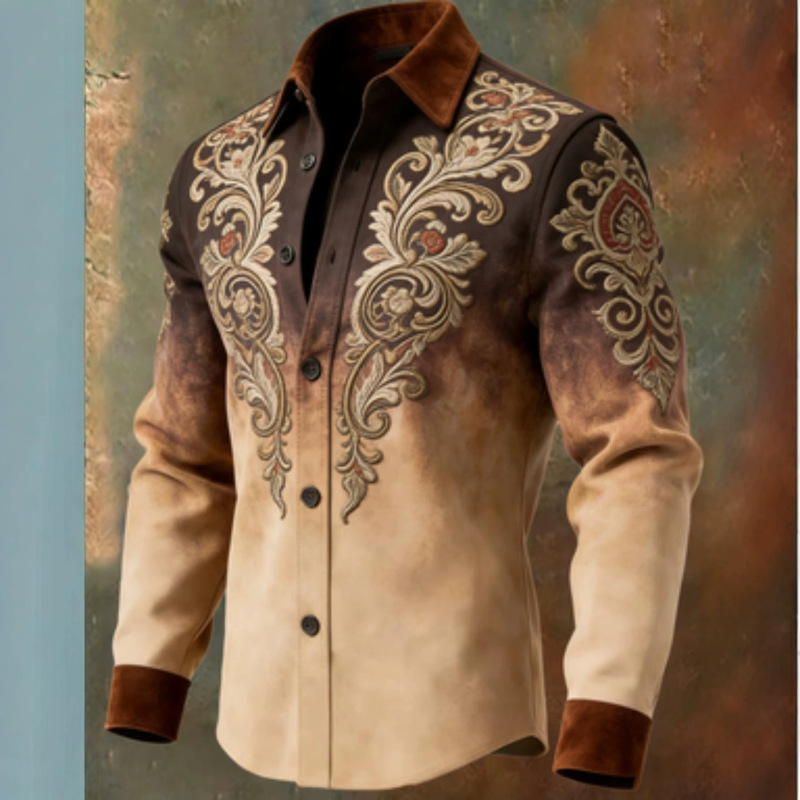 2026 New Style European and American Western Brown and Yellow Gradient Floral Embroidered Long-Sleeve Shirt Men's Vintage Denim Shirt 2026 New Style European and American Western Brown and Yellow Gradient Floral Embroidered Long-Sleeve Shirt Men's Vintage Denim Shirt