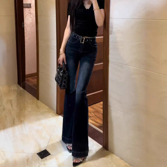 Belt Low Waist Slim-fit Retro Hong Kong-style Micro-flared Jeans Women's Spring and Autumn High-fit Slimming Stretch Trousers