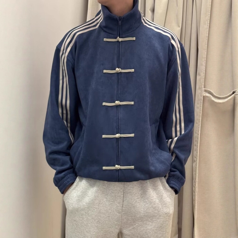 New Chinese Style National Style Disc Button Jacket Men's Spring Design Stand Collar Baseball Uniform Three Stripes Sports Cardigan Jacket