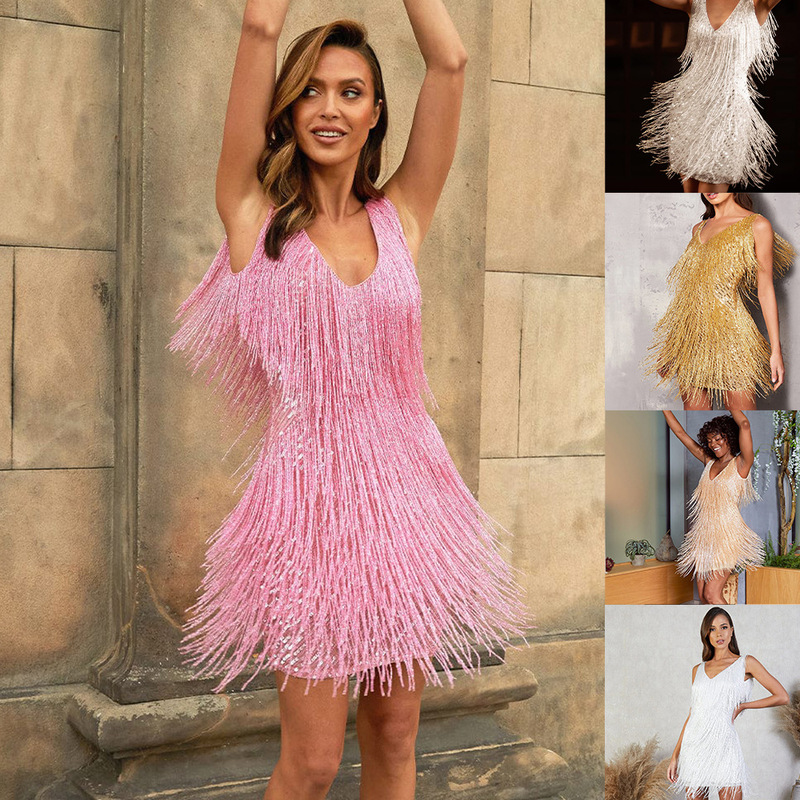 2025 Independent Station Amazon New European and American New Tassel Sequin Sleeveless Dress Evening Dress 2025 Independent Station Amazon New European and American New Tassel Sequin Sleeveless Dress Evening Dress