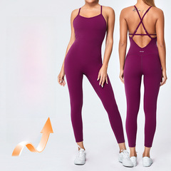 跨境可調節細帶彈力連體瑜伽衣套裝帶胸墊裸感連體健身一體瑜伽服