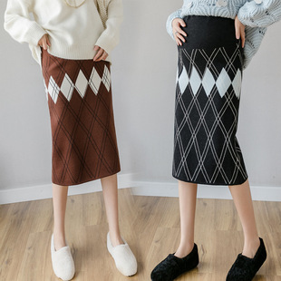 Real Shot Autumn and Winter New Pregnant Women's Belly Knitted Skirt Pregnancy Base Hip Plaid Over-the-knee One-step Skirt