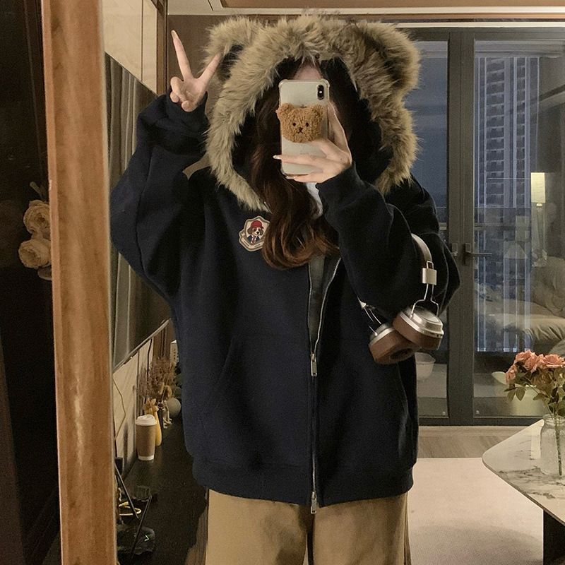熹凤梨2025秋季新款毛领开衫外套女宽松休闲连帽卫衣情侣外套女|undefined