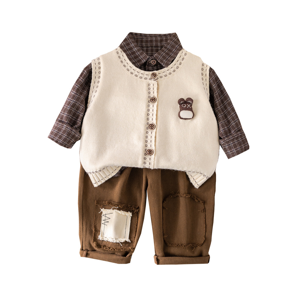 Bos' Spring And Autumn 2025 New Fashionable Children's Stlish Bab 3D Bear Head Cardigan Sweater Three-Piece Set_voghion.com