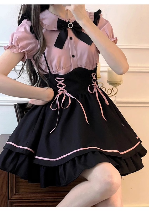 日本系の甘いかわいいロリータのワンピースの女の子のLolitaの王女のスカートのシャツの背もたれのスカートのスーツの2つのセット|undefined